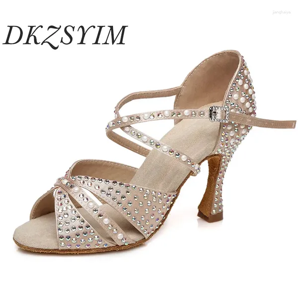 Sapatos de dança Dkzsyim Latin Female Ballroom Gold/Silver Pearl Rhinestone Buckle Salsa High Hells