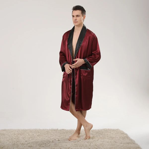 Borgonha Primavera Verão Summer Men fino de cetim manto leve de manga longa Silk Kimono Bathrobe com shorts Conjunto de sono 240329