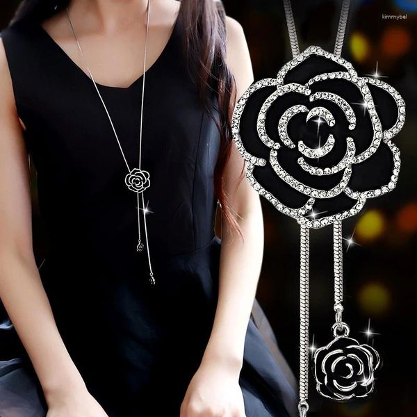 Anhänger Halsketten schwarze Rose lange Anhänger für Frauen 2024 Mode Kristall Quasten Choker Halskette weibliche Collier Femme Party Schmuck