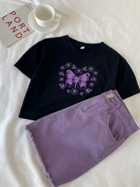 Mulheres pretas Ternos roxos de púrpura quente menina coração impressão de borboleta de borboleta Camiseta curta + cintura alta franja de jeans roxa de terno de saia curta verão