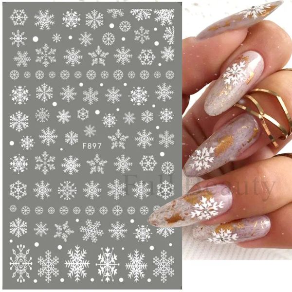 3D Decalques de Arte para Nailflake de Floco de Neve Branco Designs de Natal Autifícios Auto Adesivo Ano Novo Gel Foils Sliders Decorações LAF895