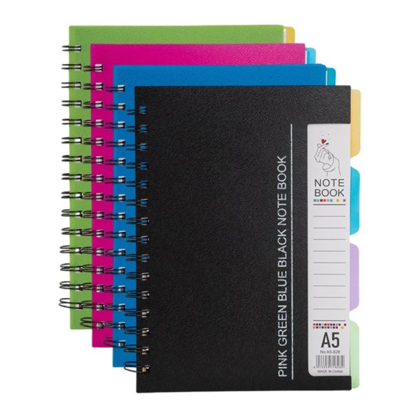 Caderno em espiral de 96 folhas com 4 páginas de divisor A4/A5 Páginas forradas azuis azul preto preto