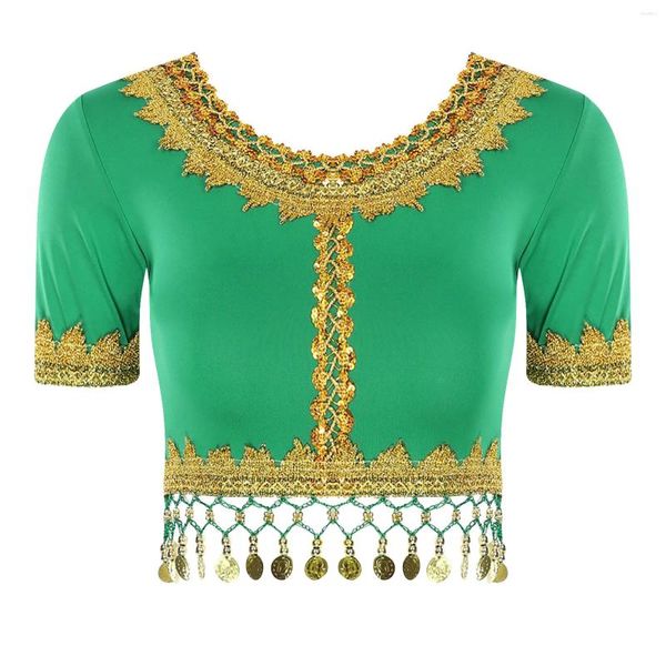 Bühne Wear Womens Bauch Tanz Angeschnittene Tops Bellydance Performance Kostüm Kurzschlämchen Schnürpailled Paillistin Quailla Tassels Geflecht Trimm Crop Top