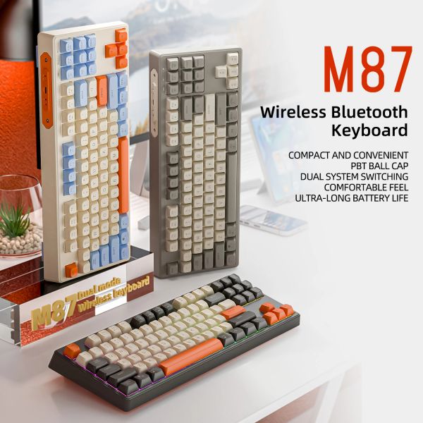 Клавиатуры M87 Bluetooth Gaming Клавиатура, 2,4G Dual Mode Connection, PBT Ball Cap, Rainbow Light, подходит для компьютеров, ноутбуков и Mac