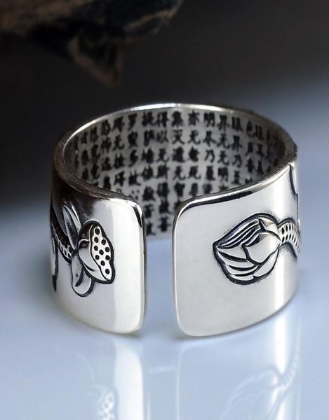 Moda Real 999 Pure Silver Jewelry Lotus Flor Open Ring para homens Tamanho da moda masculina Tamanho Budista Coração Sutra Anéis Presentes6746268