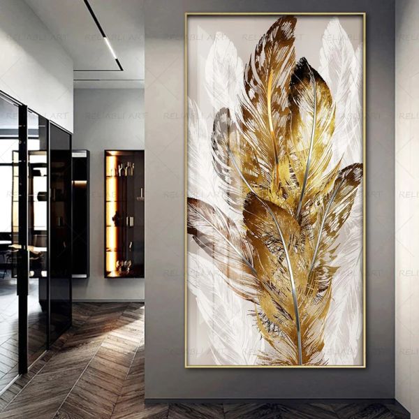 Goldene Federplakate Eingangsmalerei Licht Luxus Wandkunst für Wohnzimmer Leinwand Drucke Abstrakte Bilder moderne Wohnkultur