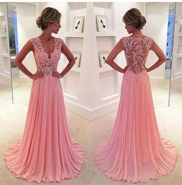 Neue maßgeschneiderte billige lange rosa Prom -Kleider Design gegen Neck Chiffon Illusion Spitze Langes rotes Abendkleid Abendkleider China1324659