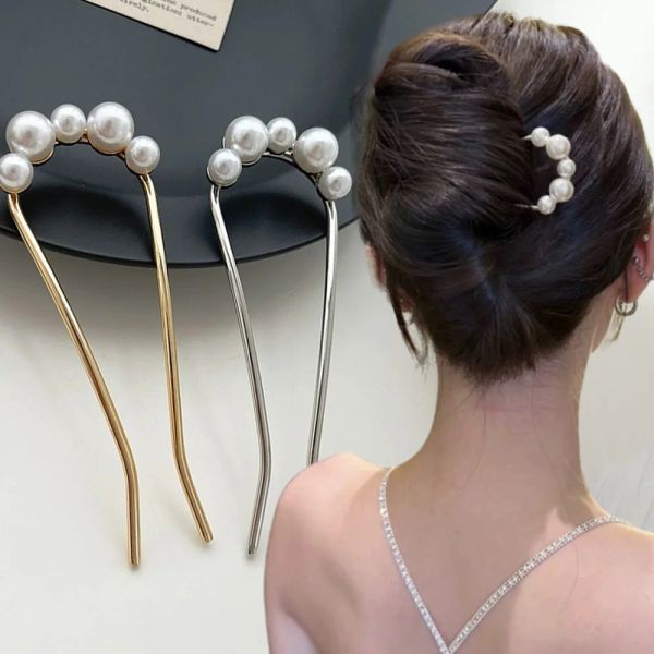 Hairpins pérolas simples pérolas coreanas em forma de metal em forma de metal pinos de cabelo girls girls bastões de cabelo acessórios de estilo de cabelo de pão de pão