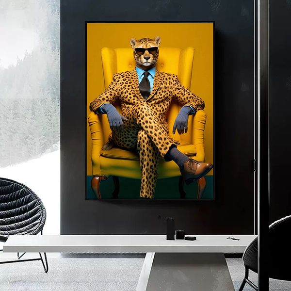 Lustige Tiere cooler Cheetah Gorilla Zebra mit Anzug Poster Print Leinwand Malerei süße Wandkunst für Wohnzimmer Wohnkultur Cuadros