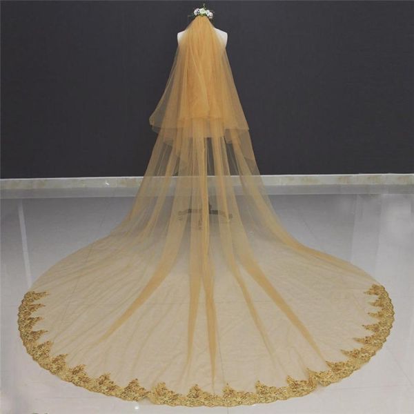 Pos real Lace Edge Duas camadas Véu de casamento de ouro comprido com pente de 3 metros de comprimento lindo véu de noiva Voile Mariage5024971