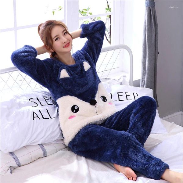 Roupa em casa Animal fofo Flanela grossa Padrão de inverno Pijamas Definição feminina de manga longa Desenvolvimento de roupas de sono Lady Warm Lady Pijamas Terno