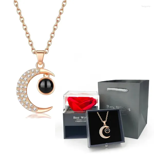 Anhänger Halskette Luxus Zirkon Mond Halskette mit Rose Geschenkbox Schmuck Set 100 Sprachen Ich liebe dich Projektion für Frauen Weihnachtsgeschenke