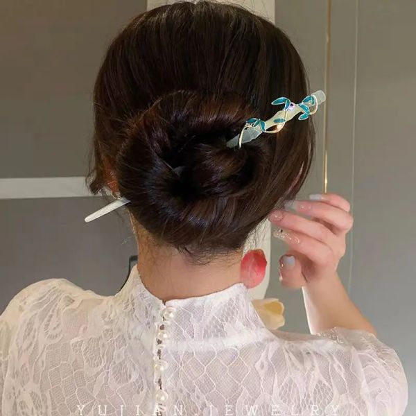 Chinese -Stil Haarstange Jade Blume Quasten Haarnadeln Vintage Frauen Frisur Design -Werkzeuge Kopfbedeckungen Hochzeit Hair Accessoires