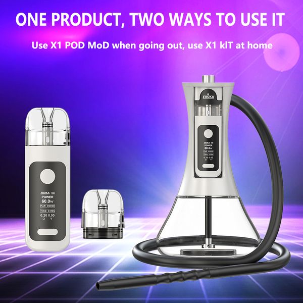 Yeni shisha e nargile ehuka x1 60W çift kullanımlı elektronik nargile kiti değiştirilebilir kapsül vape e nargile kartuşu 2000mAh pil LED ışık modu ekranı 9ml Pods Buhar Kalemi