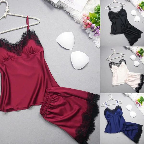 Ev Giyim Seksi iç çamaşırı kadın pijama setleri ipek dantel üst şort strappy babydoll nightdress gecelik bayan Sweetwear