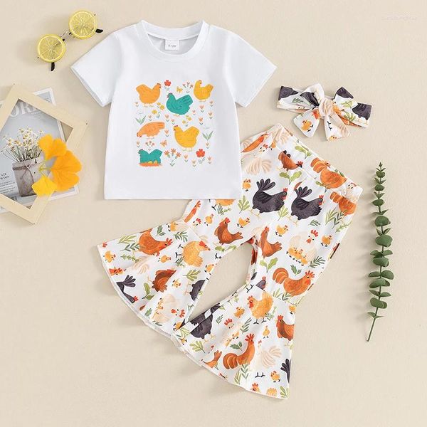 Kleidung Sets Kleinkind Baby Girl Farm Outfits Hühner -T -Shirt -Hemd -Top -Flare Hosen Leggings Glockenboden Sommerkleidung