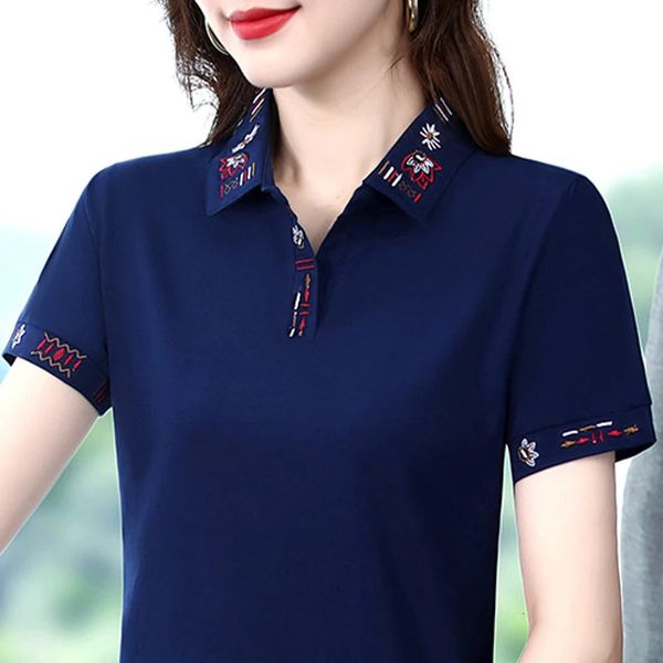 Polo Shirt Women Blue Summer Short Short Short Femininas Shirts Cotton Star ricami Ladies 240409