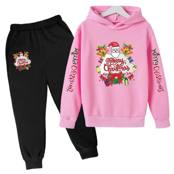 Kids Hoodie Neujahr Kleidung Weihnachten Kleidung Santa Print Jungen Mädchen Mantel 3-13 Jahre altes Top/Hosen 2p Casual Sport Set