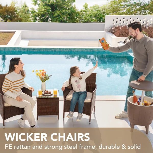 Conjuntos de móveis de varanda do pátio 3 peças Cadeiras de vime de Rattan PE com mesa de móveis de jardim ao ar livre (marrom/bege)