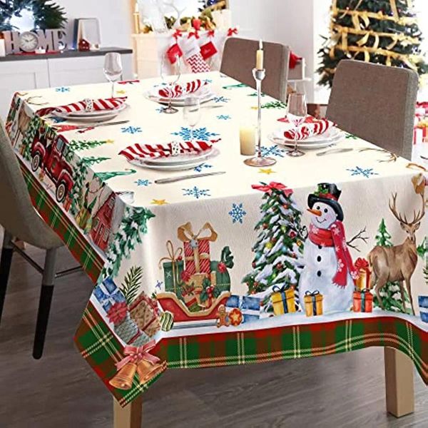 Tischtuch Weihnachten Tischdecke Schneemann Waschbar Stoff Vintage Dekorative für Picknickparty Outdoor Dinner Restaurant