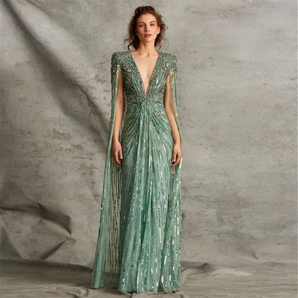 Sharon sagte, Luxus Dubai Sage Green Evening Kleider mit Cape Fuchsia Crystal Gold Elegante Frauen Hochzeit formelle Partykleid SS399 240328