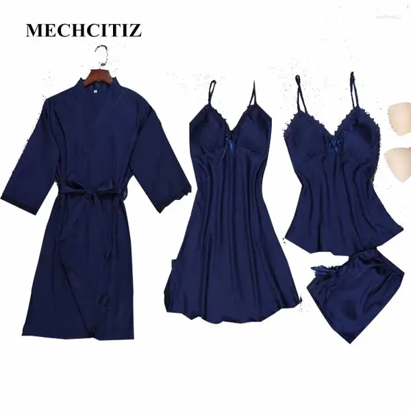 Abbigliamento da casa Mechcitiz 2024 Piajamas di seta di alta qualità Set per donne sexy 4 pezzi Augio da abiti da sonno per il pigiama abito da sonno pijama abito da notte da donna
