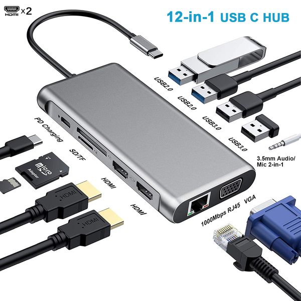 12 in 1 USB Typ C Hub Typ-C bis 2 HDMI-kompatibler 4K VGA-Adapter RJ45 LAN Ethernet SD TF PD 3,5mm Audio/MIC für MacBook Pro OTG