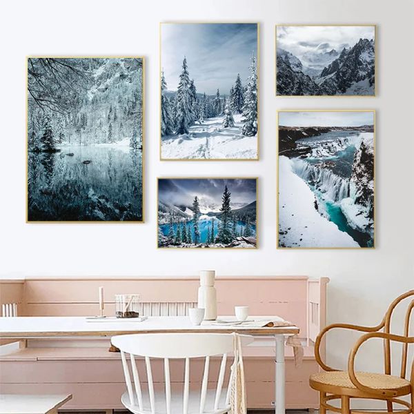 Cenário de inverno Rime White Snow Poster Canvas pintando neve montanha gelo lago