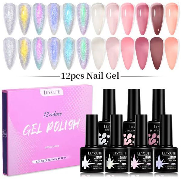 Комплекты Lylycute 12pcs/Set Gel лак для ногтей, вызванные верхним слоем Aurora для полупередорогого с блестками.