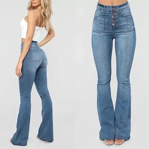 Calça de jeans feminina calça feminina de lavagem aquática no botão de unha alta das calças de cintura para plus size largo