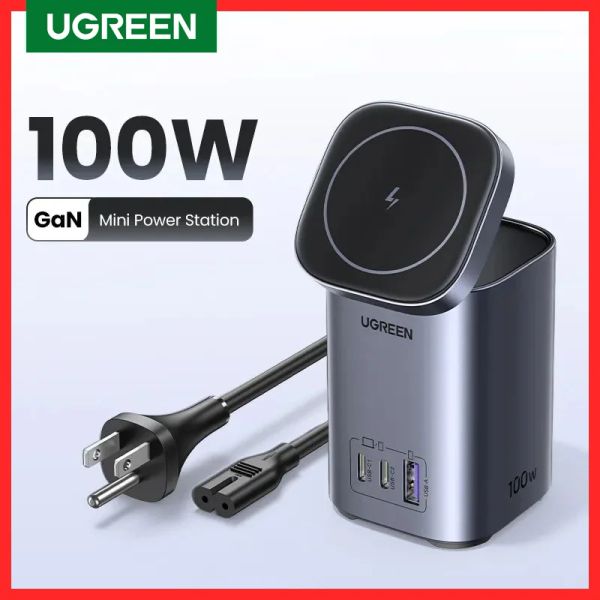 Chargers ugreen gan 100w carregador de mesa MFI carregador sem fio magnético para iPhone 15 14 13 Estação de energia de carregador rápida para notebook para laptop