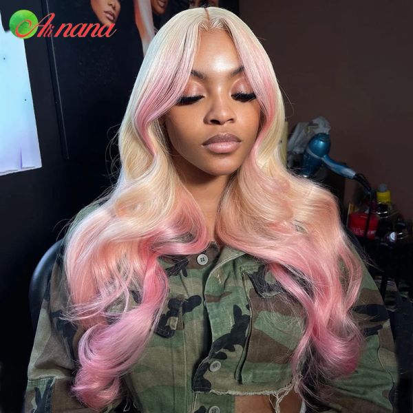 Destaques 613 loira com onda corporal de cor rosa HD 13x6 Lace Frontal Human Wigs para mulheres negras ombre rosa cor 32 polegadas