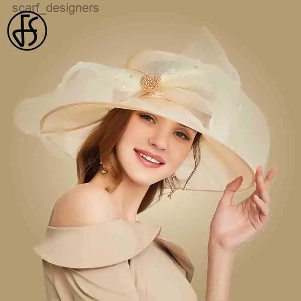 Chapéus de balde largura Chapéus de balde fs bege organza branca larga lareira chapéus de sol para mulheres chapéus de igreja Mulheres elegantes kentucky derby hat ladies Big arco fedora y240409