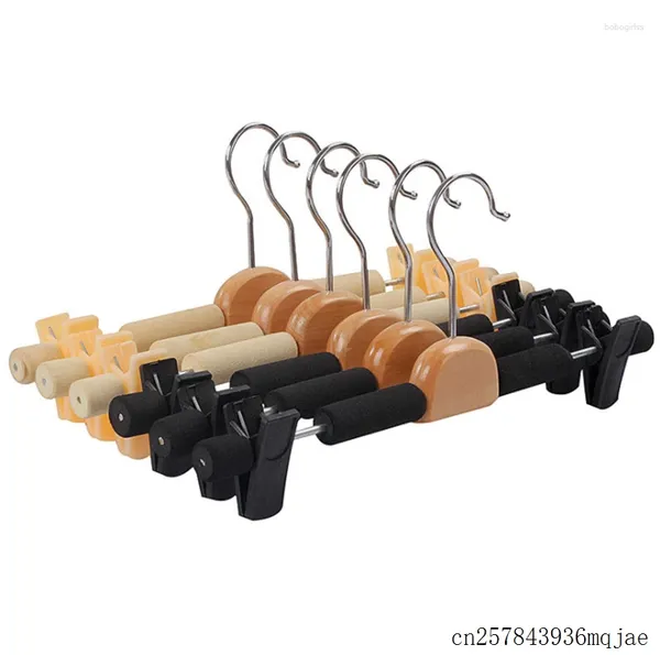Kleiderbügel 50pcs Holzbügel mit Klammern Beige schwarze Stofflagerständer für Hosen Rockhosen Anti-Rutschschwamm