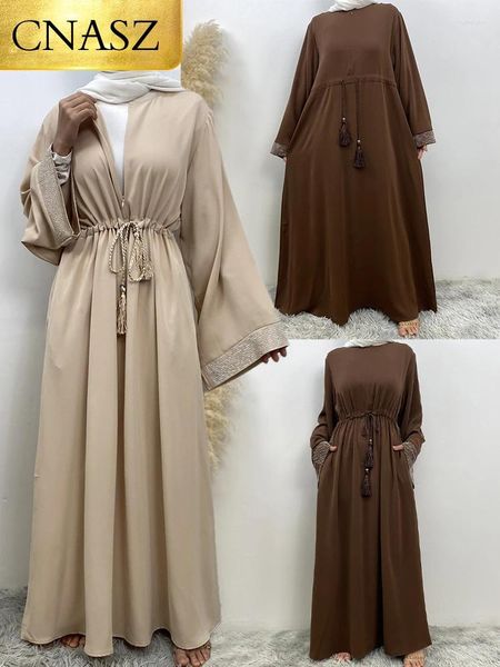 Abbigliamento etnico Ramadan Donna musulmana vestito frontale con cerniera nascosta Cintura Dubai Abaya maniche con design al bordo argento marocchini marocchini