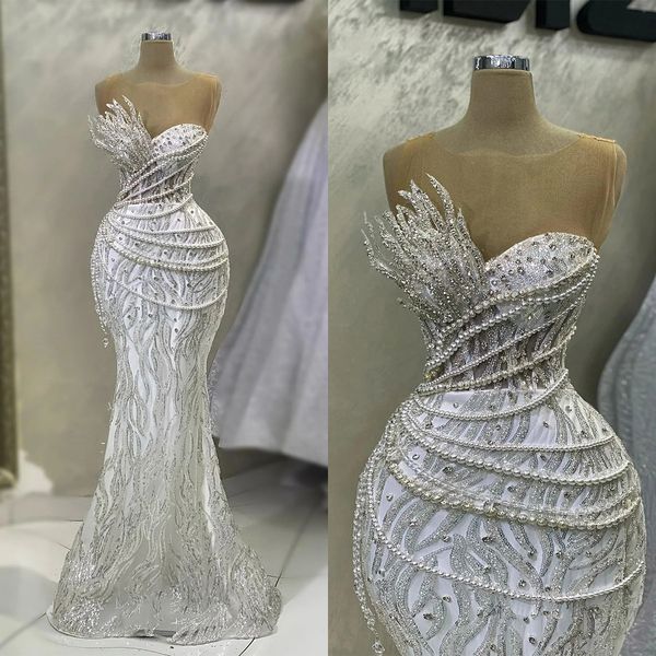 Vestidos de noiva de sereia de luxo lantejoulas pérolas correntes de miçangas de cristais mangas comprimentos de piso personalizado feito de tamanho grande vestido de noiva vestidos de novia