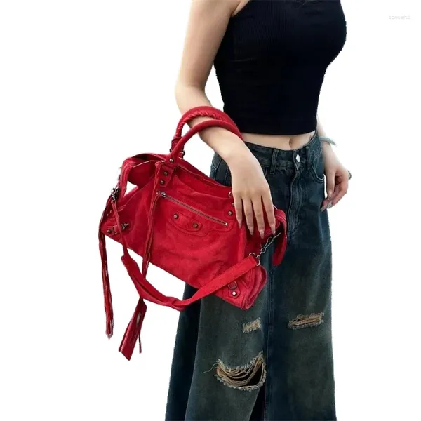 TOTES RETRO RED -PUSSERUNG MITTEIL AGES SABE Damen 2024 Großkapazität Tasche High -End -Handtasche Crossbody Motorrad für westliche Art und Weise