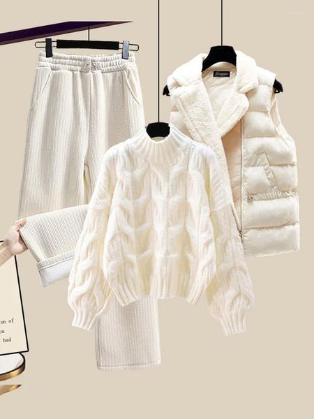 Frauen zweisteuelhafte Hosen Winter warm drei Set Frauen Outfits Büro Damen verdicken Strickpullover Lamm Wollweste Sets für Kleidung 2024