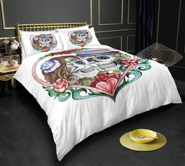 Bedding de crânio multicolorido Conjunto de tamanho King Size Love Flower 3D Tampa de edredão Rainha Dec Dec Single Douple Set com travesseiro 3pcs272r26660729