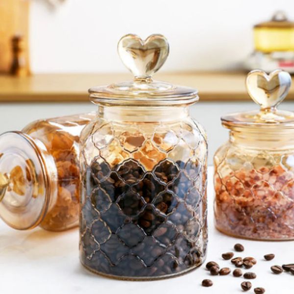Garrafa de armazenamento de jarra selada com vidro âmbar com tampa de grande capacidade transparente em forma de coração em forma de coração de cofrinho de cozinha recipiente de cozinha