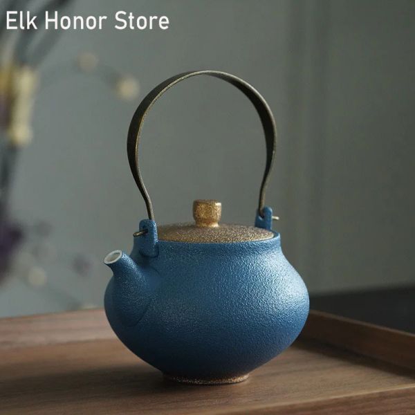 280 ml handgefertigtes Azurblau Color Ceramic Loop-Handte-Teekanne Retro Japanischer Stil Kung Fu Tea Master Pots Personal Cups Geschenkverpackung