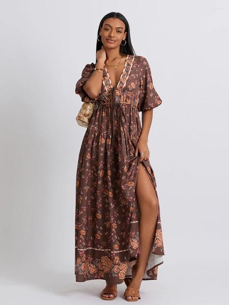 Abiti casual Donne Summer Abito lungo manica corta a V Deep Neck Floral Smocked Party Boho Floaty Swing Beach Sunsmendes