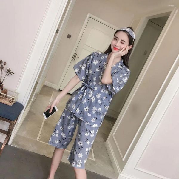 Домашняя одежда женщина лето 6535 вязаное хлопковое хлопковое японское кимоно пижама для девочек Студенты милые маленькие свежие широкое удобное обслуживание