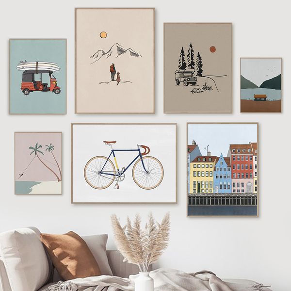 Fahrrad Surfwagen See Haus Minimalistische Landschaftswandkunst Leinwand Malplakate und Drucke Wandbilder für Wohnzimmerdekoration
