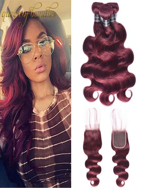 Queen of Bundles Devolorato Brasiliano Vergine Capelli Oonda del corpo con chiusura 99J Borgogna rossa Burgundy 4 bundle Weave With Closur1534659