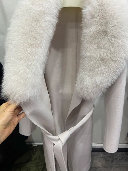 Women Autunno Natural Fox Furt Collar 100% Lana Long Khaki Grigio cremoso Cintura di lana bianca Slim