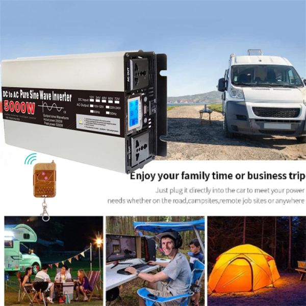 Inverter a onda sinusoidale pura DC 12v 24v su AC 220V 110V inversa di alimentazione 48V 5000W da 4000w 4000W Convertitore per auto solare LCD Viaggio di viaggio all'aperto