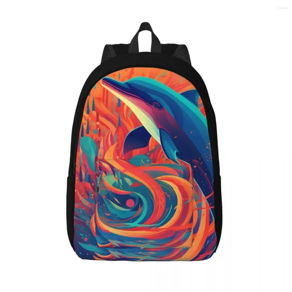 Backpack Dolphin Canvas Mochilas Ilustração de abstração Bolsas de verão universal respiráveis