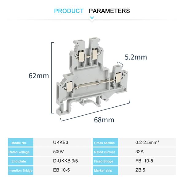 UKK/UKKB 3 10PCS Doppelpegelschraubanschluss 2,5 mm² Drahtstopfen Elektrische Universal DIN Rail 2 Level Terminal Block UKK3 UKKB3