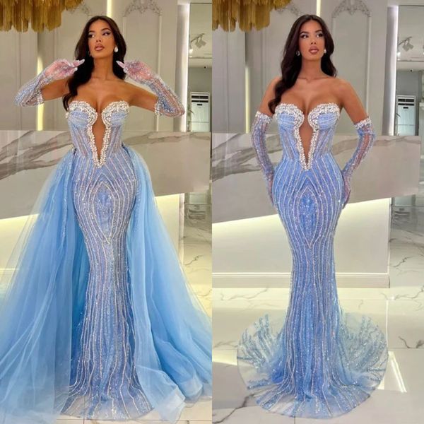 Crystal Baby Blue Mermaid Evening Elegante con staccabile illusione del treno innamorata abiti da ballo in rilievo abiti formali per donne ES
